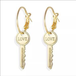 Gold Hoops Dangling Love Keys Drop Earrings NEW